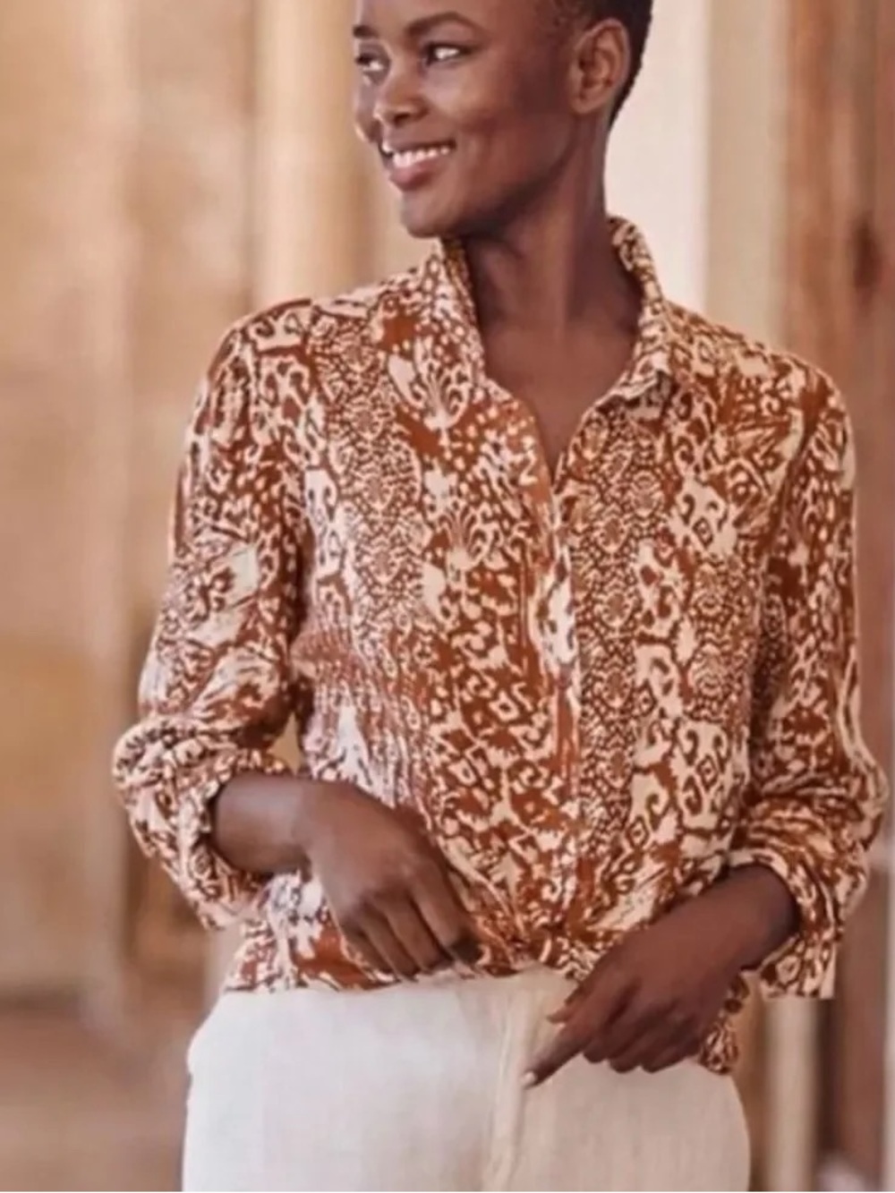 Garnet Hill Easy Linen Button Down Shirt Brown Orange Ikat Print, size 8